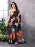 Leaf-printed Georgette saree with Tassel Border, soft and smooth fabric for elegant Indian events