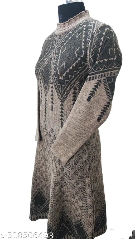 Woolen anarkali kurti, printed combo, long sleeves, calf length, free size (20 in bust, 43 in size length), premium Vardhaman Rainbow yarn