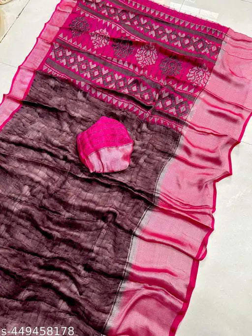 Georgette star print saree fabric with matching running blouse, free size, origin India