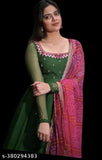 Green Bandhni dupatta, embroidered Georgette with mirror work and digital print, three-quarter sleeve maxi dress pairing