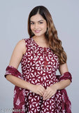 Maroon rayon embroidered printed kurti sharara set with duppatta for women - XS, S, M, L, XL, XXL origin India