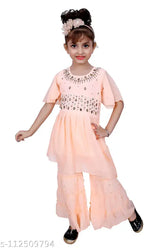 Orange designer embroidery kurta and sharara suit for girls, Hariyal Creation. Indian ethnic kids wear, Georgette fabric, anarkali shape, knee-length top, sizes 3-9 years