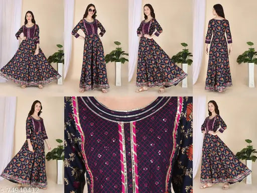 Rayon embroidered Kalamkari Anarkali kurta with gotta lace, single-colored Indian traditional wear for women's functions and weddings