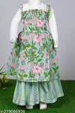 Green cotton kurti sharara set for baby girls, Spack Jerrow printed anarkali with elastic and half sleeves, vibrant Gota Patti and Dori design. Elegant ethnic Indian dress for festivals like Diwali, Janmashtami, Rakhi. Made from Cambric cotton