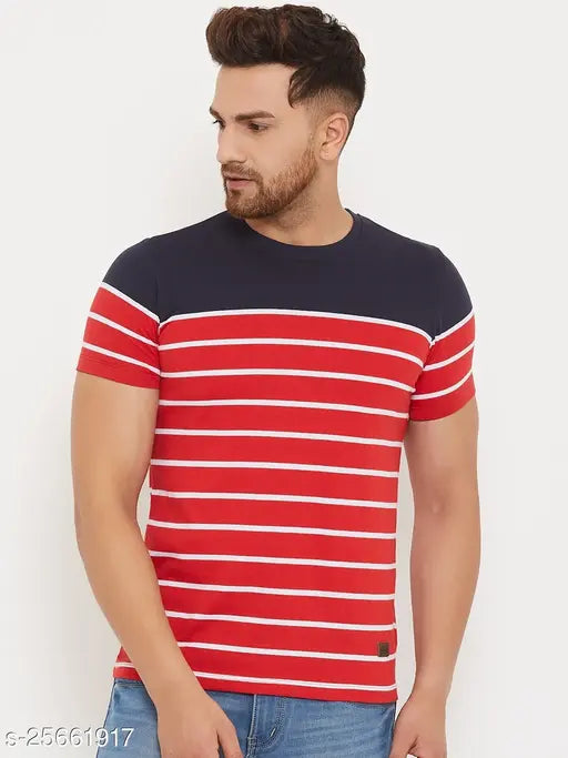Men's red cotton blend t-shirt with half sleeves, printed pattern. Short sleeved casual wear, M size (40in chest, 27.5in length). Made in India