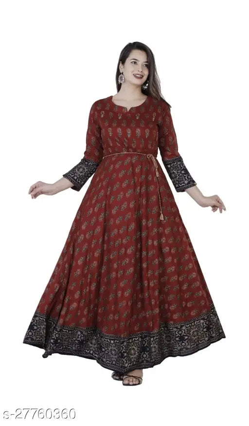Pretty red and maroon rayon gown, ethnic motifs print, round neck, three-quarter sleeves - Indian fashion for everyday wear
