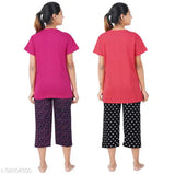 Happy Rani Pink & Tomato Red cotton loungewear set, featuring printed top and capri pyjamas, perfect for a comfortable night's sleep
