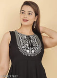 Black rayon kurta set with sharara and dupatta, includes 1 kurti, 1 sharara, 1 dupatta for women's wear, suitable for festive, daily, casual, office, or evening occasions. Rayon fabric ensures light weight and softness against skin. Perfect for gifting on various occasions