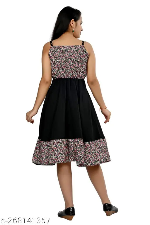 Cotton blend sleeveless multicolor knee length dress for girls aged 7-13 years, featuring a fit and flare style with printed pattern