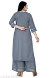Grey poly blend embroidered kurti & palazzo set for women, solid net pattern on display