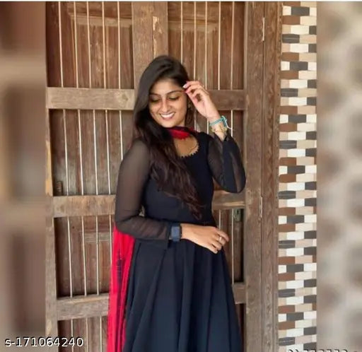 Black georgette fancy gown with long sleeves and digital printed dupatta, perfect for ethnic, casual, festive, or party wear. Indian tunic dress with graceful design and elegant neckline, best suited for any occasion or formal event