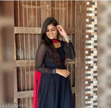 Black georgette fancy gown with long sleeves and digital printed dupatta, perfect for ethnic, casual, festive, or party wear. Indian tunic dress with graceful design and elegant neckline, best suited for any occasion or formal event