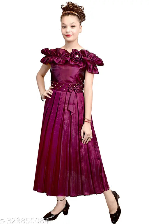 Purple silk blend glamorous frock, adorned with motis, for casual or party wear (girls 9-12 years)