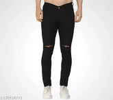 Mens black damage jeans, stretchable denim with knee distress, affordable stylish men's wear