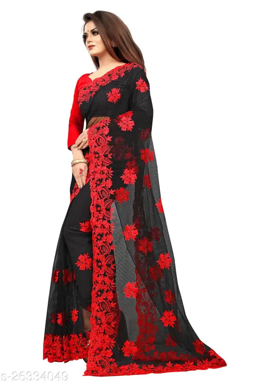 Embroidered net saree with satin running blouse, Indian sensational Chitrarekha design" (124 characters)