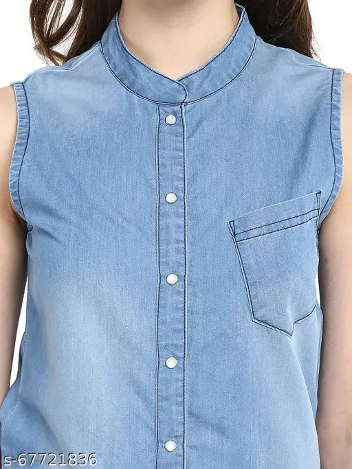 Blue denim sleeveless solid mandarin collar jumpsuit for women, StyleStone brand