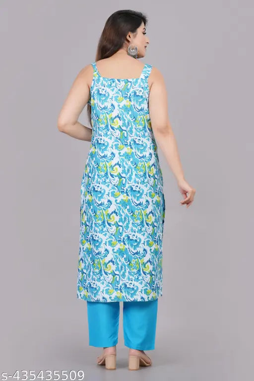 Rayon printed kurta and palazzo set by Shree Shyam Women - Indian rayon royan kurta & palazzos with sleeveless design, featuring vibrant prints on a single set in sizes S-XXL