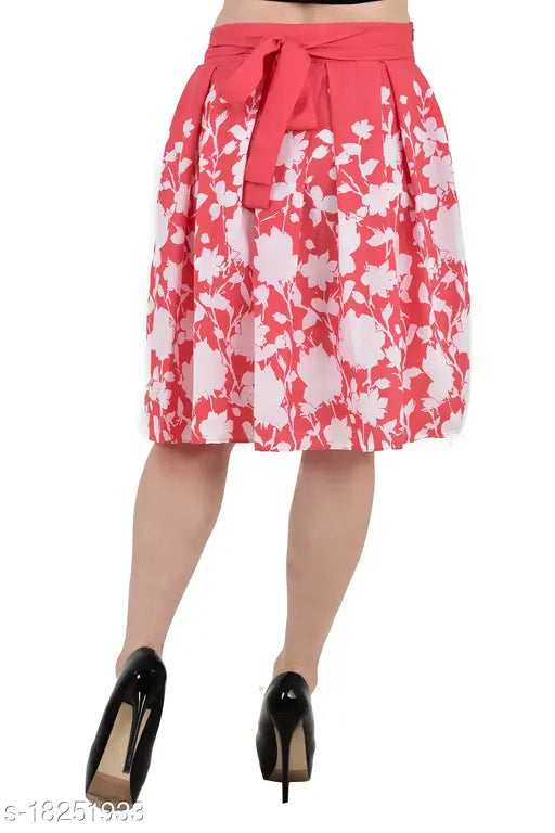 Red crepe printed pleated skirt, summer trendy knotted design for women & girls