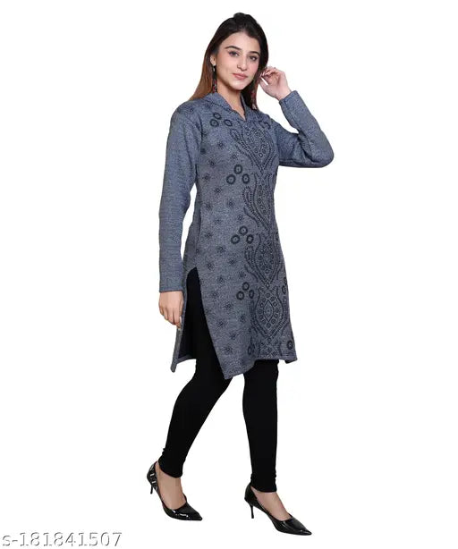 Woolen straight kurta, 100% wool, printed women's winter wear, Indian-made