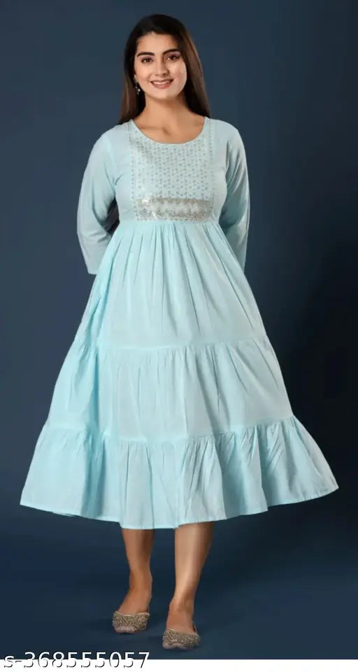 Rayon embroidered tiered kurti with three-quarter sleeves, solid color, Indian handcrafted women's fashion wear