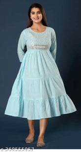 Rayon embroidered tiered kurti with three-quarter sleeves, solid color, Indian handcrafted women's fashion wear