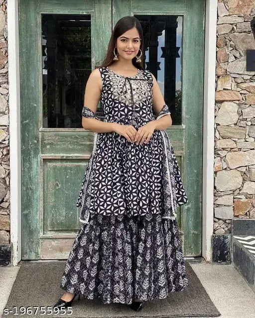 Blue Rayon Kurta Sharara Set with Dupatta, printed A-line design, ready for all occasions, lightweight and soft against skin