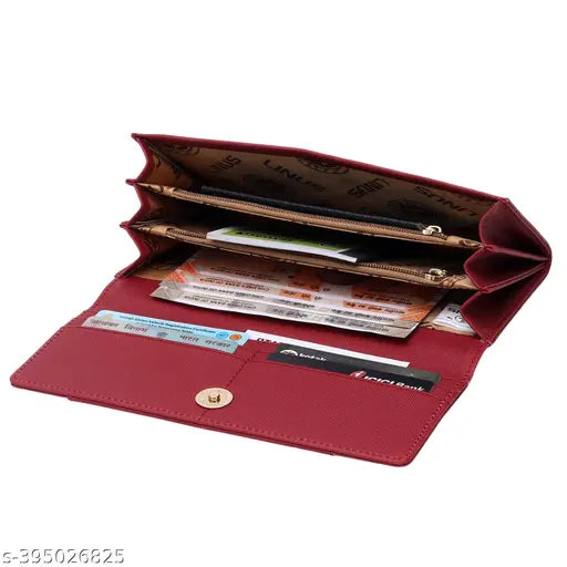 Faux leather women's clutch purse, 5 compartments, solid color. Ideal for daily use by young girls and women, featuring multiple pockets for accessories and currency