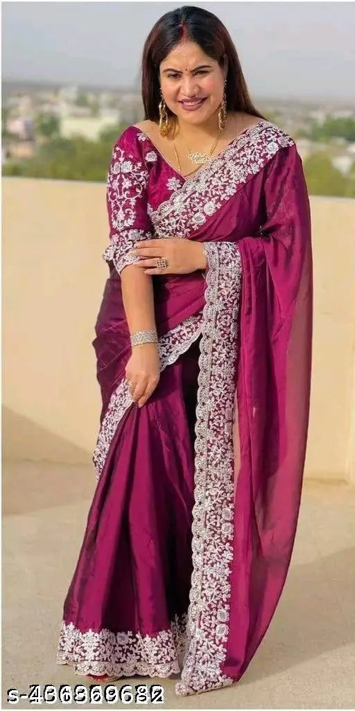 Dupion silk embroidered saree with separate georgette blouse, trending Indian attire for women