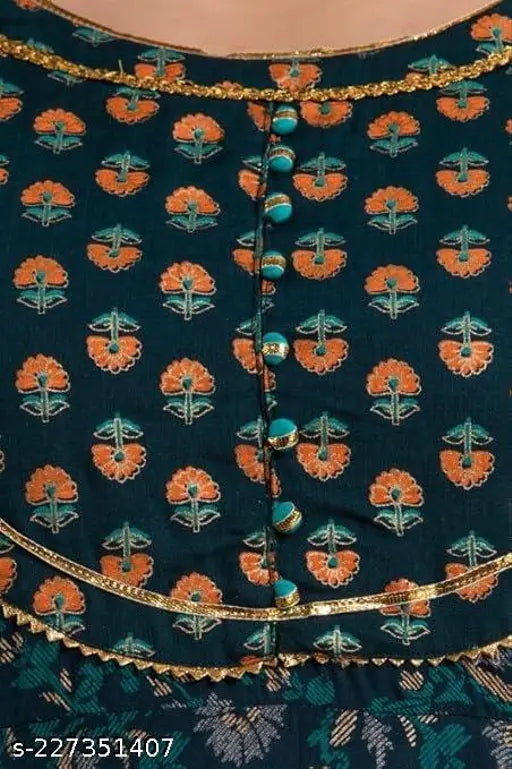 Teal blue ethnic motifs printed anarkali kurta, three-quarter sleeve, round neck, machine weave viscose rayon on model