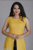 Rayon frontslit cut kurta, sleeveless printed combo for women. Colorful Indian fashion on mannequin