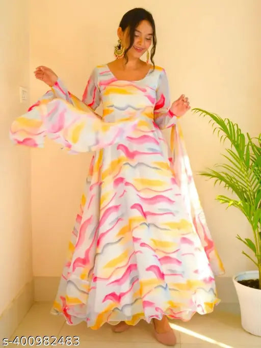 Printed Georgette Anarkali gown set with dupatta, long-sleeved Indian women's formal wear, S: 36in bust, 54in length, 32in waist
