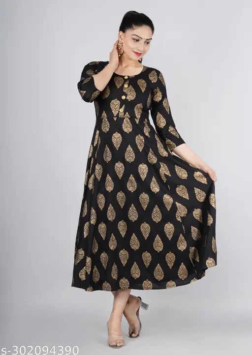 Rayon gold-print Anarkali kurti with three-quarter sleeves, Indian festive wear on hanger