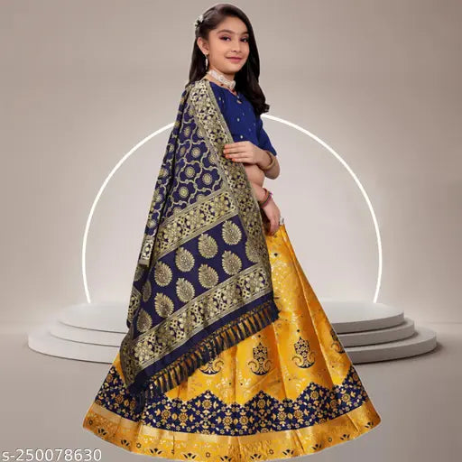 Yellow jute cotton lehenga and cotton blend dupatta set for kids, featuring floral stitch and zari woven patterns. Semi-stitched net design, short sleeves, size 7-8 years (waist 30 in, length 28 in, dupatta 1.5 in). Indian ethnic wear for girls