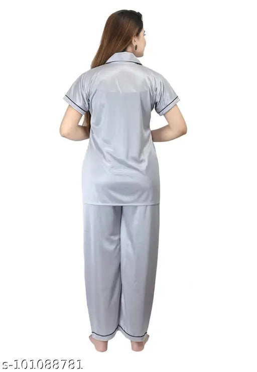 Comfortable satin nightsuit set for women, free size, short-sleeved shirt and elastic-waist pajamas. Made in India