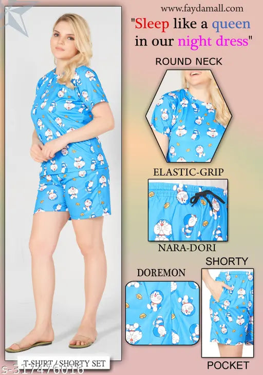 Women's printed polyester night suit set - soft T-shirt & shorts for lounge and sleep, side pockets with elastic/drawstring waist, suitable for women and girls, India origin