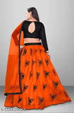 Trendy satin lehenga with net bottomwear and botanical dupatta, semi-stitched Indian outfit on mannequin