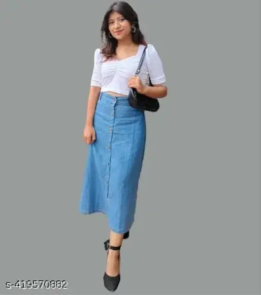 Lightweight denim skirt, solid pattern, women's wardrobe essential from COLLECTION, India origin