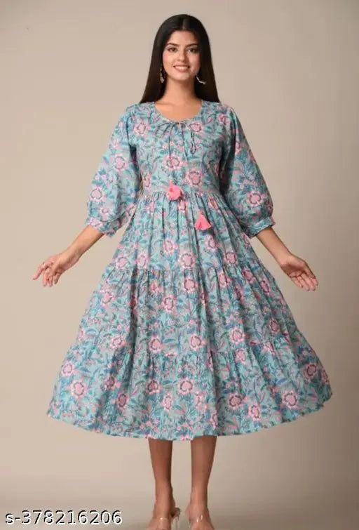 Floral cotton printed middy, three-quarter sleeves, vibrant Indian summer fashion