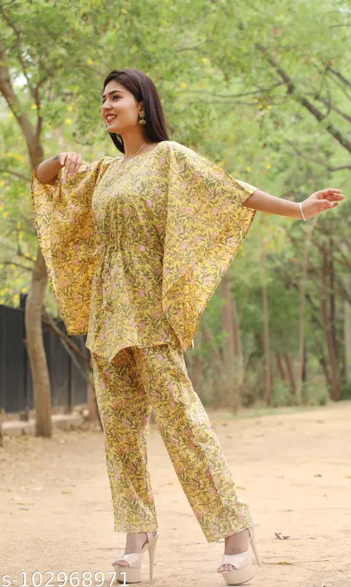 Pure cotton kaftan and pajama set in vibrant Sanganeri prints for women's comfort wear, lightweight and high-quality, Indian made