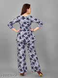 Crepe tunic top with palazzo pants, elastic waistband, 3/4 sleeves. Indian-made, stylish outfit for women