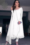 Long-sleeved Georgette gown with mirror lace dupatta, full-stitched in India, S-XXXL sizes available