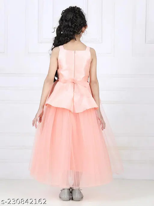 Peach net embellished gown dress for kids party wear, single size available (1-2 years, bust 22in, length 28in)