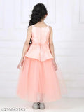 Peach net embellished gown dress for kids party wear, single size available (1-2 years, bust 22in, length 28in)