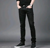 Black denim men's regular fit jeans, versatile and chic for everyday wear. Solid hue, five-pocket design, ideal for casual or semi-formal events, Made in India