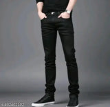 Black denim men's regular fit jeans, versatile and chic for everyday wear. Solid hue, five-pocket design, ideal for casual or semi-formal events, Made in India