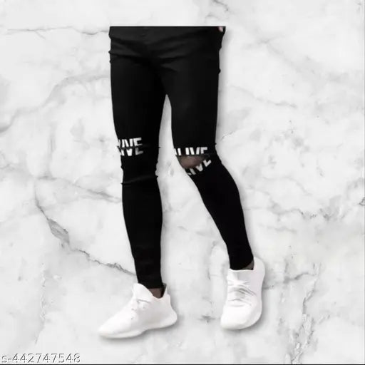 Black cotton men's jeans with placement print, featuring design on N-size 28/30/32 from India