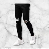 Black cotton men's jeans with placement print, featuring design on N-size 28/30/32 from India