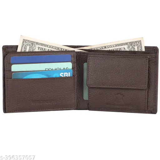 Brown genuine leather men's wallet with 2 compartments, 8 card slots, and RFID blocking technology. Classic, full-grain leather design for festive gifting