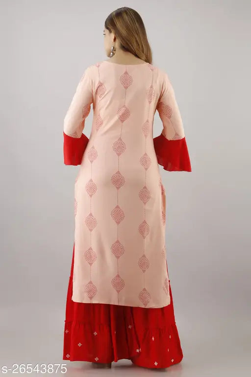 Indian Rayon SANGAKURTI Women's Kurta Pyjama & Dupatta Set with Sharara Pattern, three-quarter sleeves, trendy and comfortable