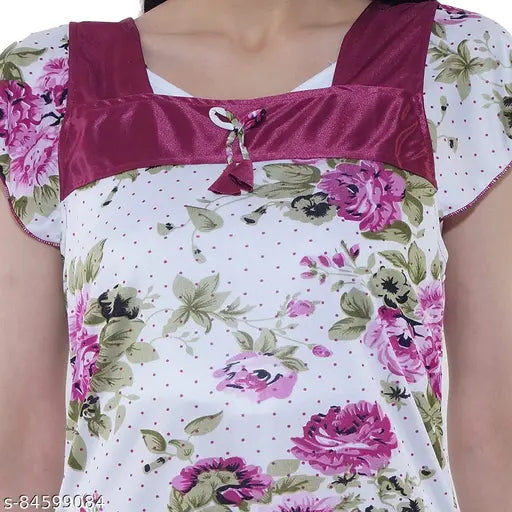 Floral print satin Cotovia top and dhoti style night suit for women and girls, solid-colored pyjama bottoms with short sleeves